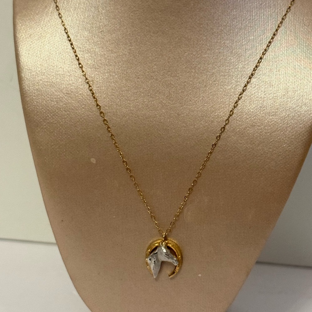 NECKLACE GOLD FILLED GF CHAIN WITH GOLD GF HORSE SHOE & SILVER HORSE PENDANT